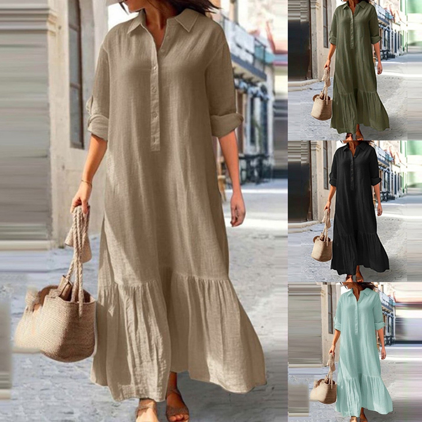 2024 Summer Cotton Linen Loose Shirt Dress - Black Oversized Long Sleeve Casual Elegance